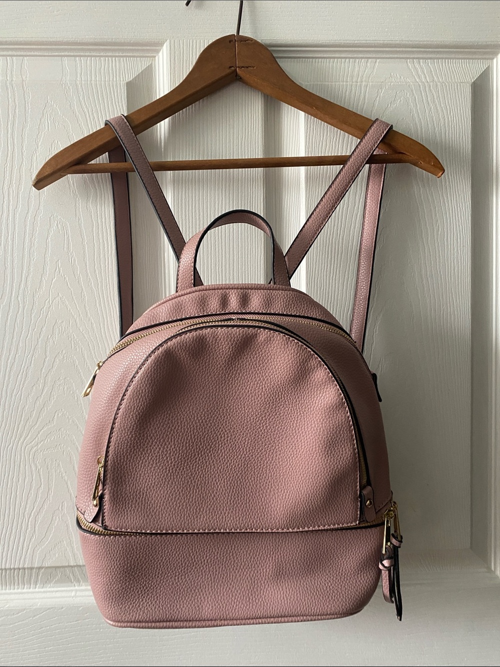 Blush Pink Mini Backpack with Gold Hardware and Striped Lining.